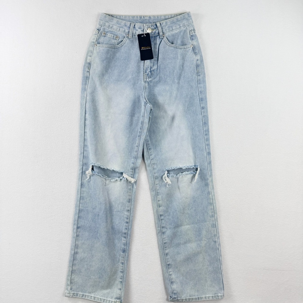 NVFELIX Distressed Wide Leg Jeans Size XS Knee Tear‎ Bleach Denim New